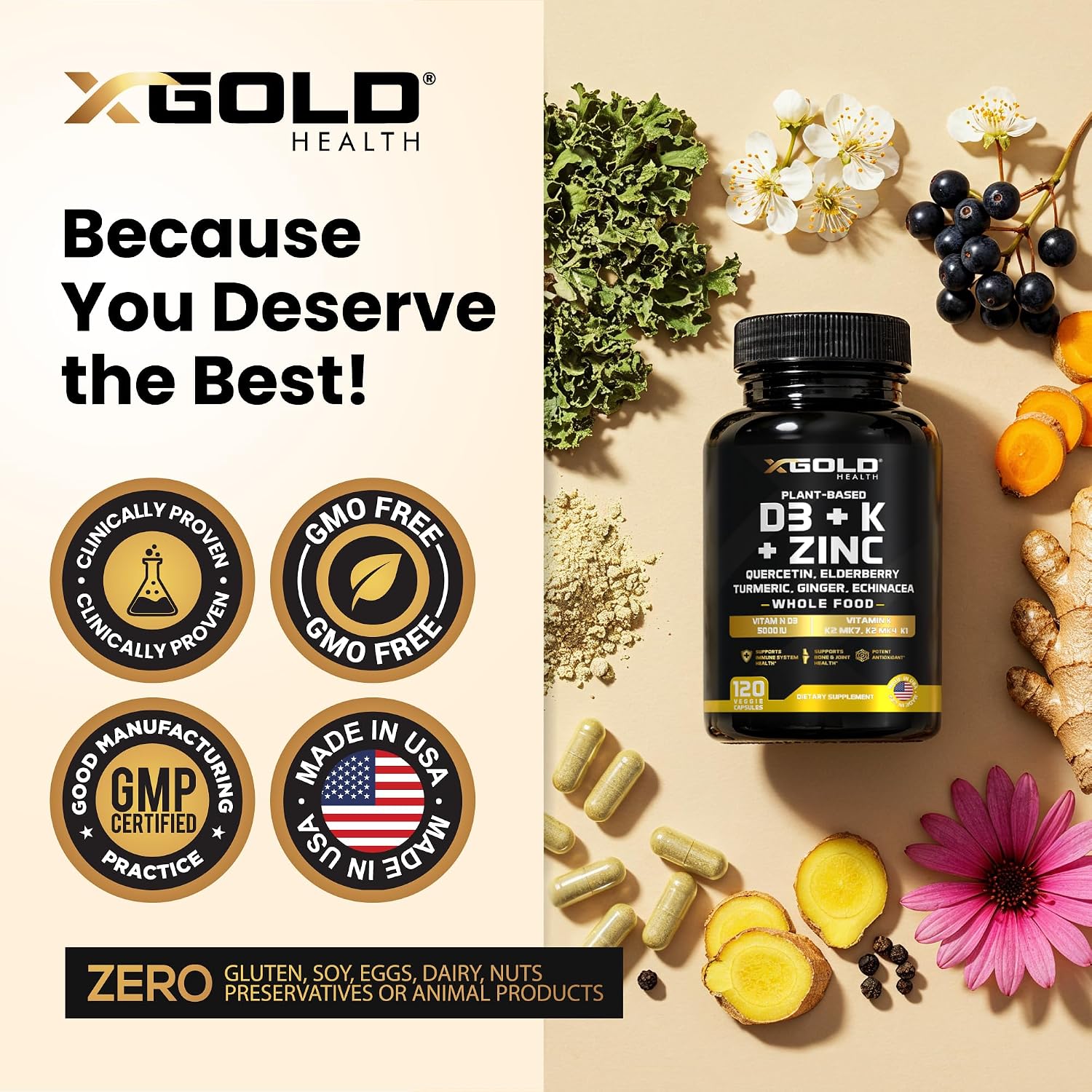 X Gold Health Complejo 8 en 1 con Vitamina D3, K2, K1, Zinc, Quercetina, Saúco, Cúrcuma, Jengibre y Equinácea - 120 Cápsulas Veganas