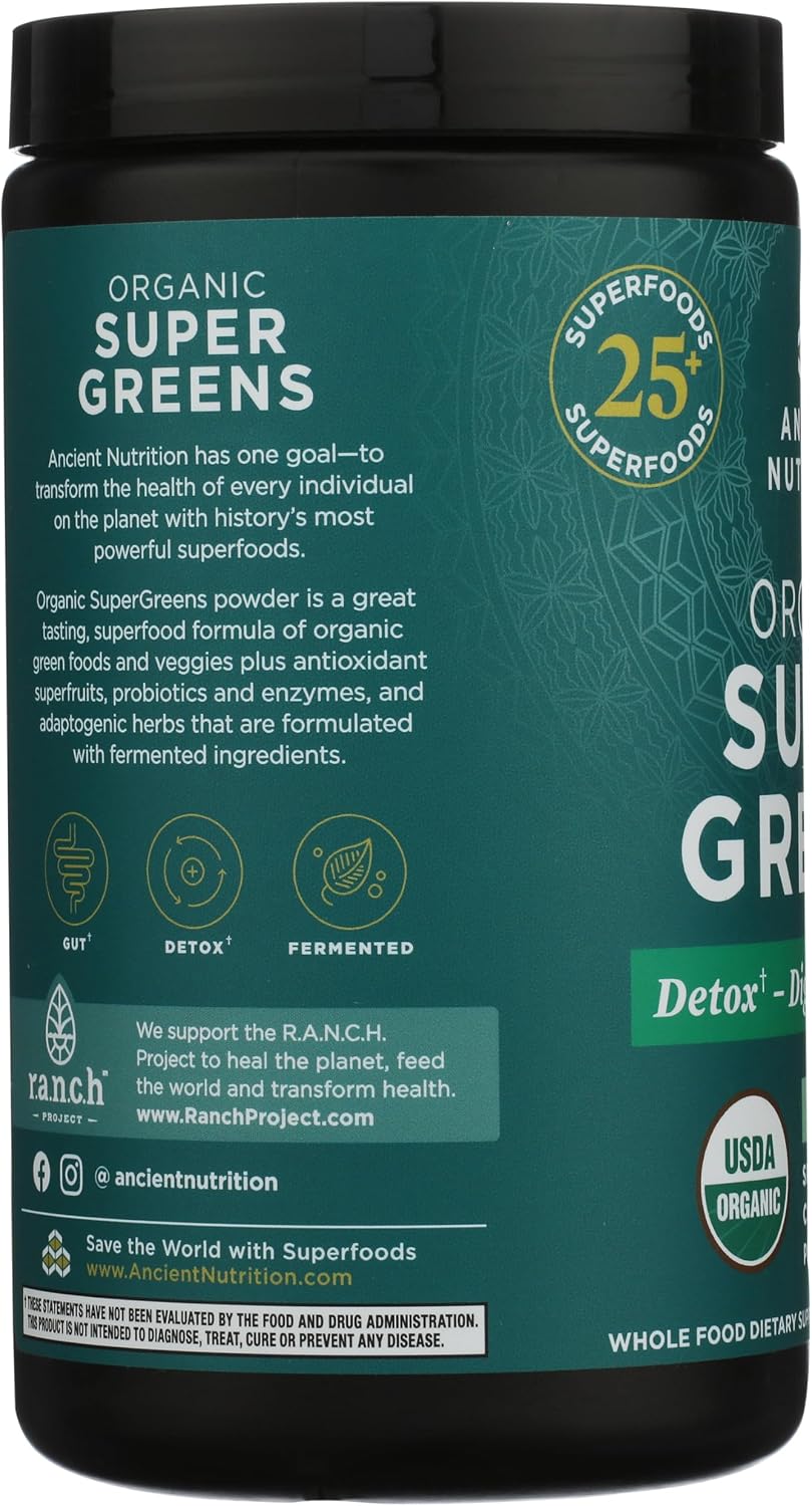 Ancient Nutrition SuperGreens Powder Bio con Probióticos, Sabor Menta Orgánica, 25 Raciones, 205g
