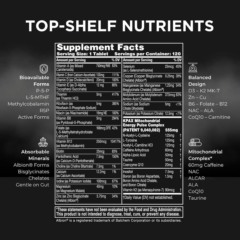 KPAX Energy - Suplemento de Energía Diaria con Cafeína, CoQ10, NAC y Más de 30 Nutrientes Mitocondriales - 120 Comprimidos (4 Meses)