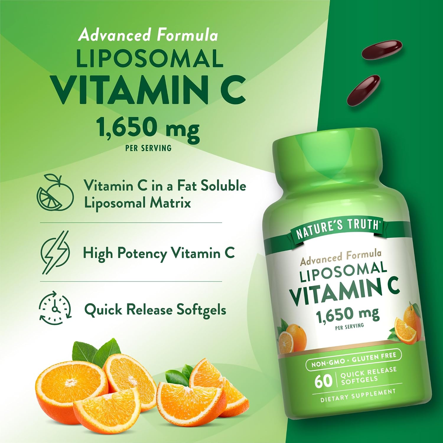 Nature's Truth Vitamina C Liposomal, 1650 mg, 60 Cápsulas Blandas - No OGM y Sin Gluten