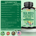 Grevol Sea Moss, Ashwagandha y Shilajit - Cápsulas 15 en 1 (60 uds)