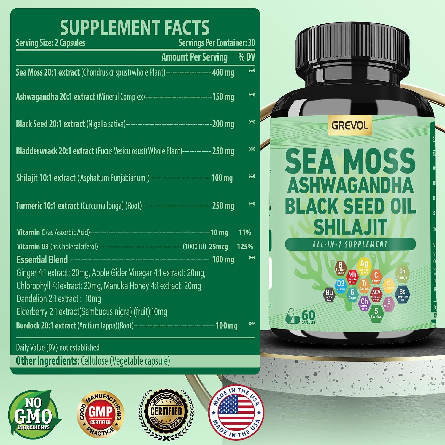 Grevol Sea Moss, Ashwagandha y Shilajit - Cápsulas 15 en 1 (60 uds)