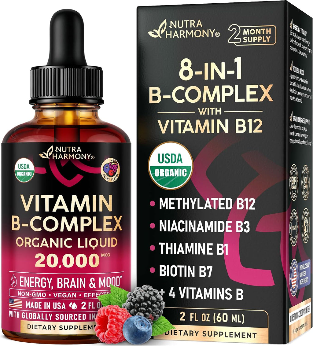 Complejo de Vitamina B Orgánico USDA - B5 Ácido Pantoténico, B12 Metilcobalamina, B1 Tiamina, B6 Piridoxina, B7 Biotina, B9 Fólico, B3 Niacinamida - Gotas Líquidas con Sabor a Baya Natural, 59 ml