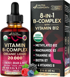 Complejo de Vitamina B Orgánico USDA - B5 Ácido Pantoténico, B12 Metilcobalamina, B1 Tiamina, B6 Piridoxina, B7 Biotina, B9 Fólico, B3 Niacinamida - Gotas Líquidas con Sabor a Baya Natural, 59 ml
