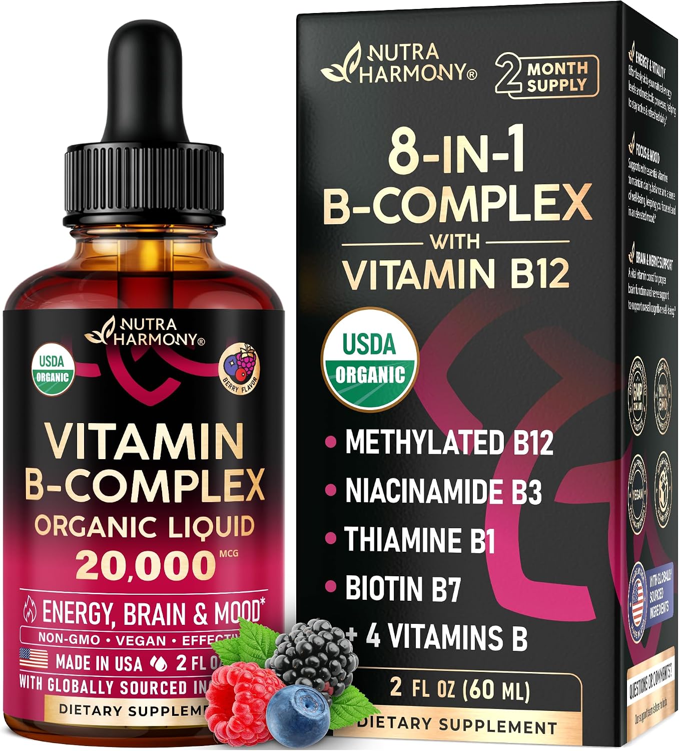 Complejo de Vitamina B Orgánico USDA - B5 Ácido Pantoténico, B12 Metilcobalamina, B1 Tiamina, B6 Piridoxina, B7 Biotina, B9 Fólico, B3 Niacinamida - Gotas Líquidas con Sabor a Baya Natural, 59 ml