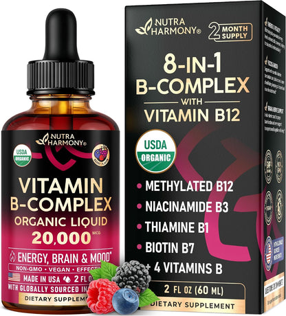 Complejo de Vitamina B Orgánico USDA - B5 Ácido Pantoténico, B12 Metilcobalamina, B1 Tiamina, B6 Piridoxina, B7 Biotina, B9 Fólico, B3 Niacinamida - Gotas Líquidas con Sabor a Baya Natural, 59 ml