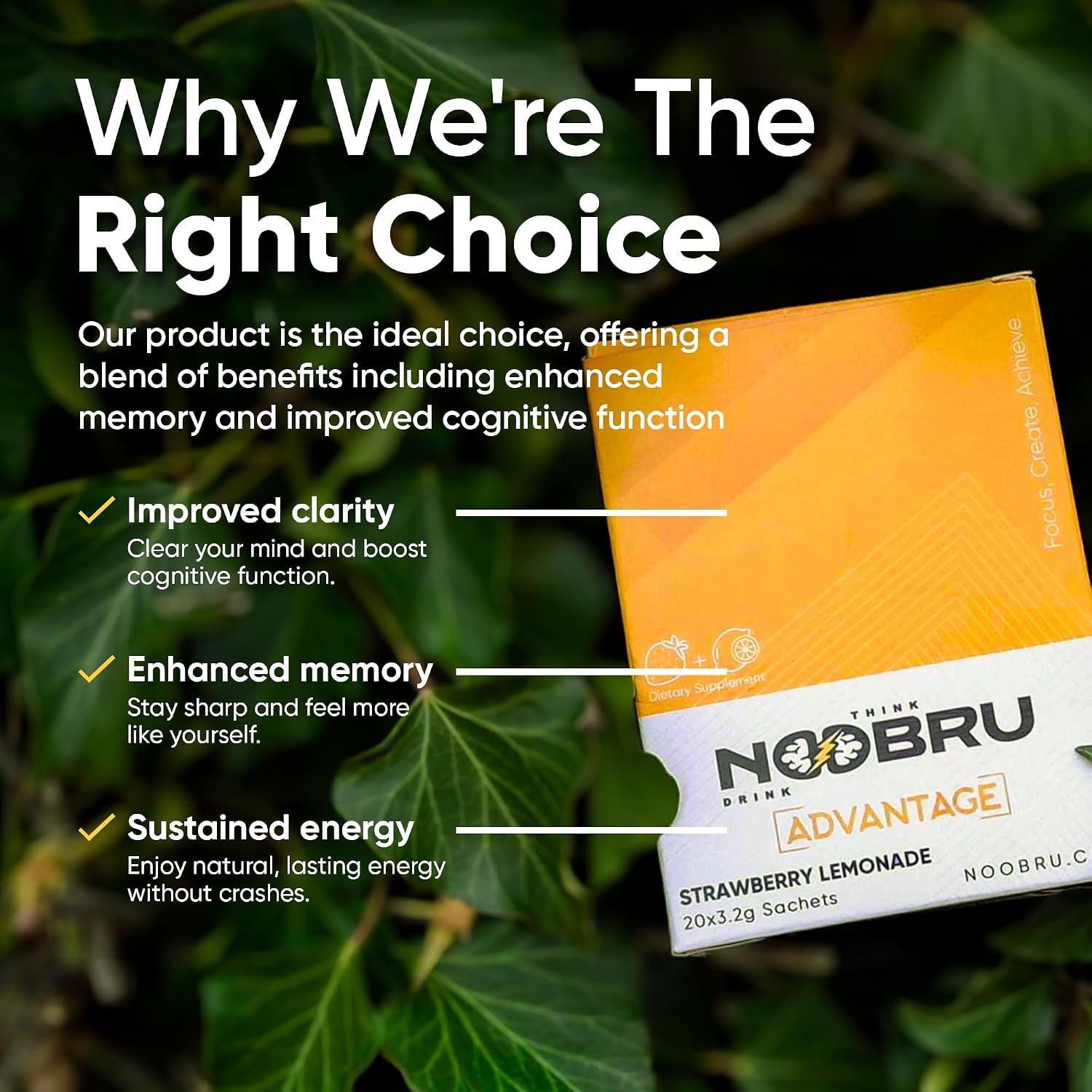 Noobru Advantage Nootropic - Suplemento de Nootrópicos con 11 Ingredientes Activos - 20 Sobres Sabor Fresa Limón