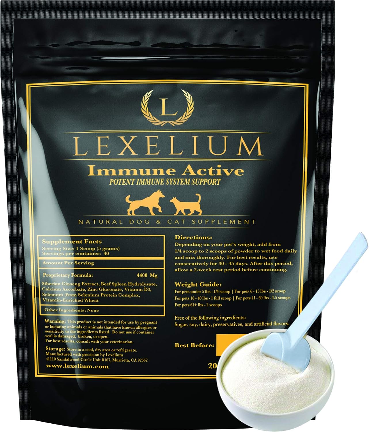 Lexelium Immune Support - Complemento inmunitario en polvo para perros y gatos (200g)