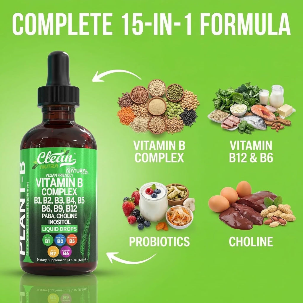 Complejo de Vitaminas B Líquido - Gotas de Vitamina B1, B2, B3, B5, B6, B7, B9, B12, Minerales y Hierbas - Clean Nutra