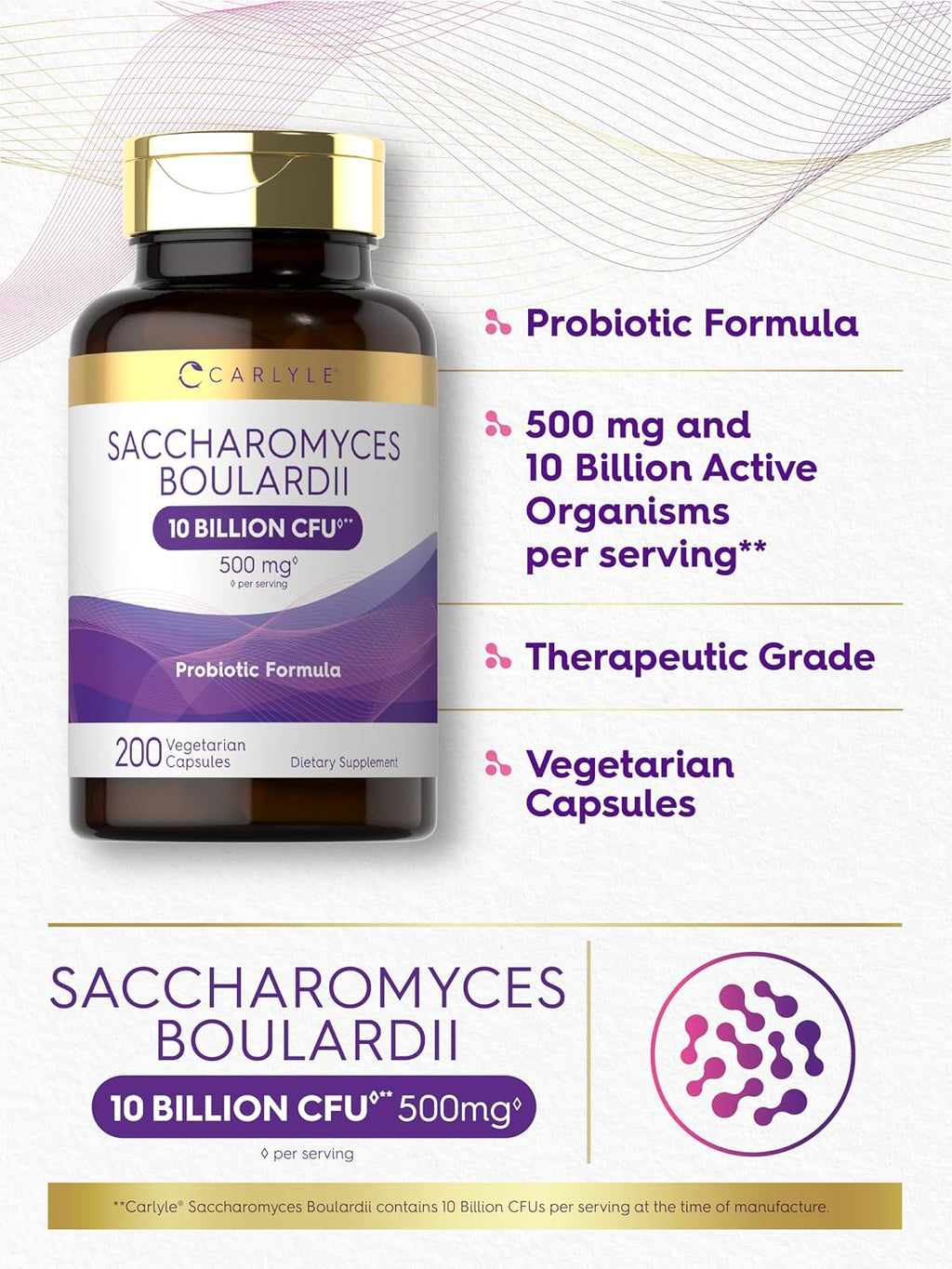 Carlyle Saccharomyces Boulardii Probiótico y Prebiótico | 10 Mil Millones UFC | 200 Cápsulas | Formato Económico | No Transgénico, Sin Gluten