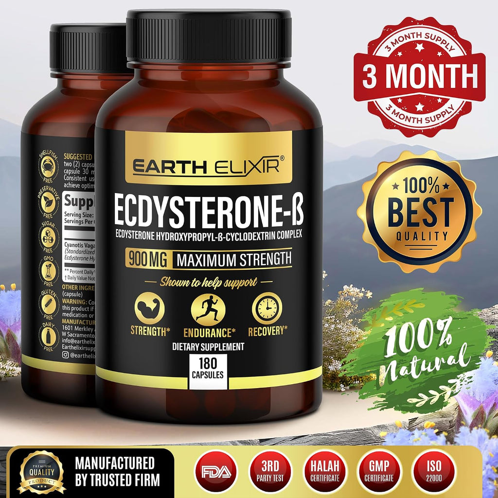 Earth Elixir Ecdysterone 900mg (180 Cápsulas) – Suplemento Deportivo con Beta-Ecdysterona y Ciclodextrina para Máxima Biodisponibilidad