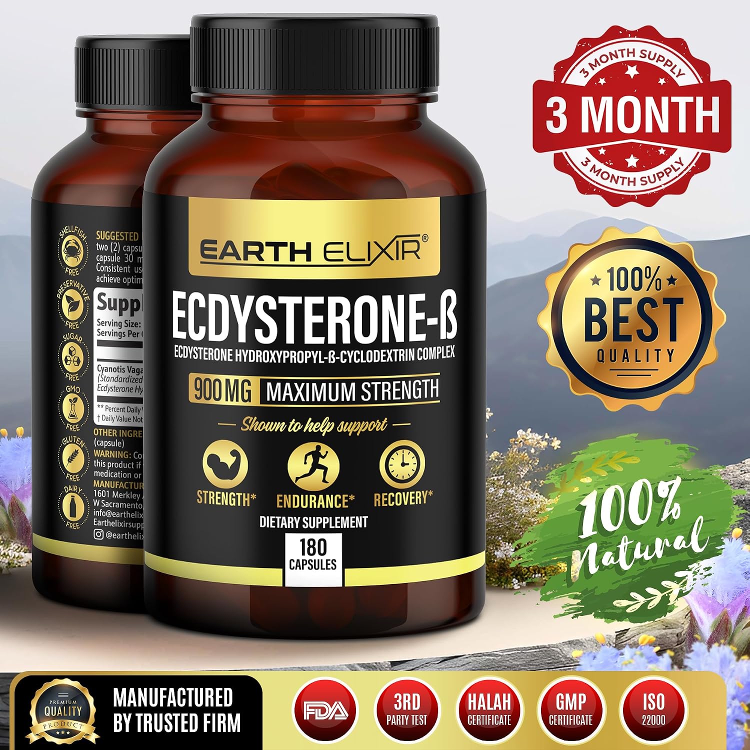 Earth Elixir Ecdysterone 900mg (180 Cápsulas) – Suplemento Deportivo con Beta-Ecdysterona y Ciclodextrina para Máxima Biodisponibilidad