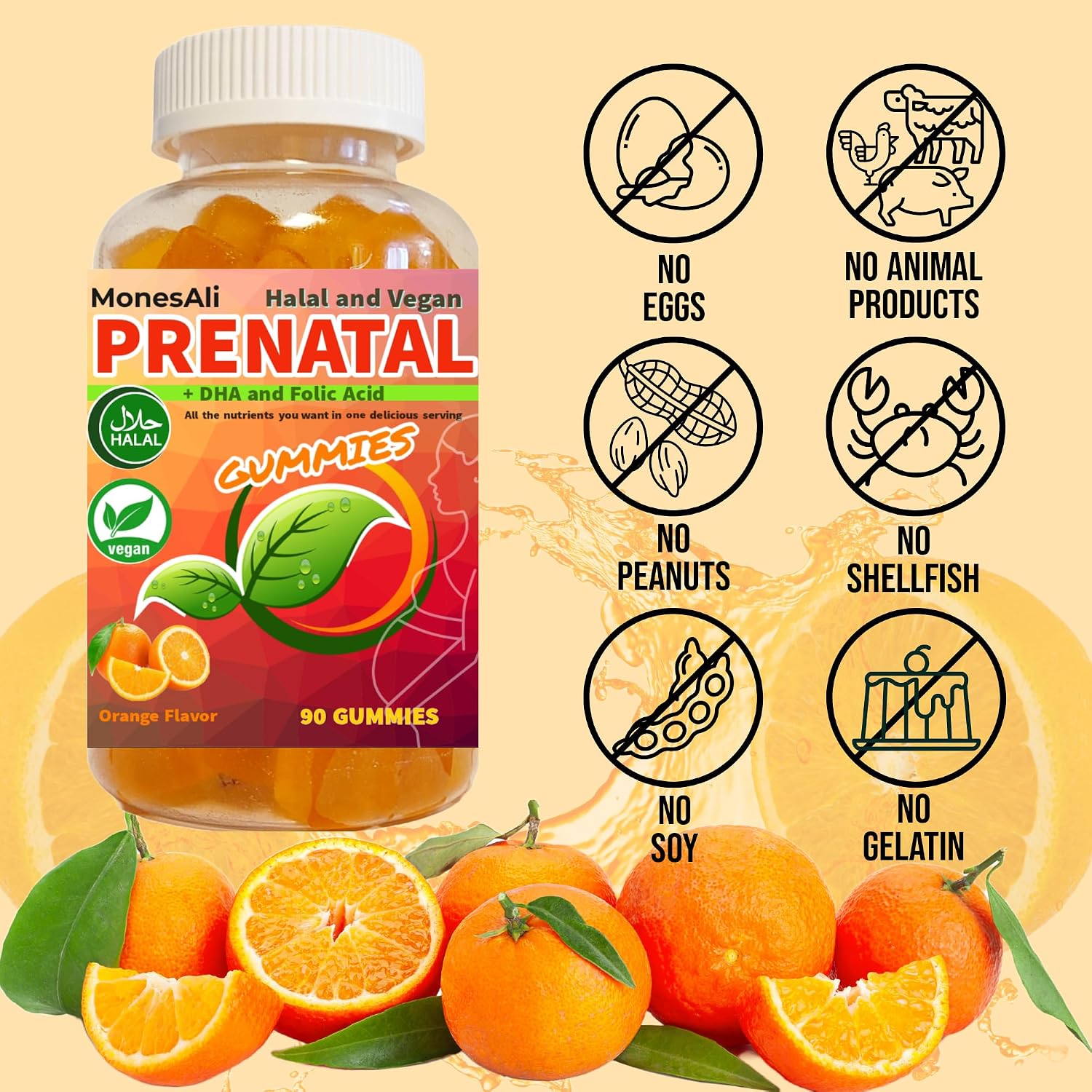 MonesAli Prenatal Gummies - Multivitamínico Prenatal y Postnatal Vegano con Folato, DHA, Hierro y Biotina - 90 Gominolas