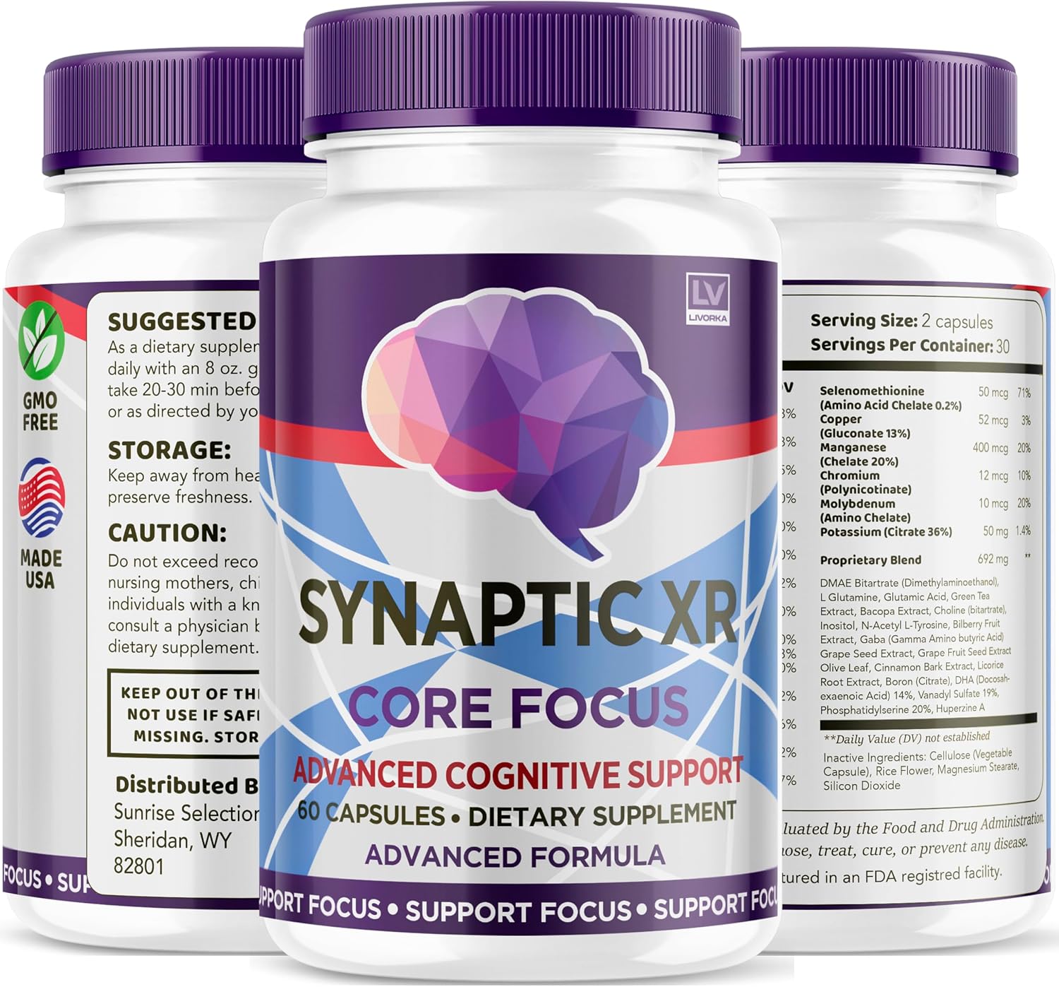 (2 Pack) Synaptic XR Cápsulas, SynapticXR, Synaptic XR Core Focus, Synaptic XR Brain Caps, Synaptic XR Advanced Formula 120 Cápsulas para 2 Meses