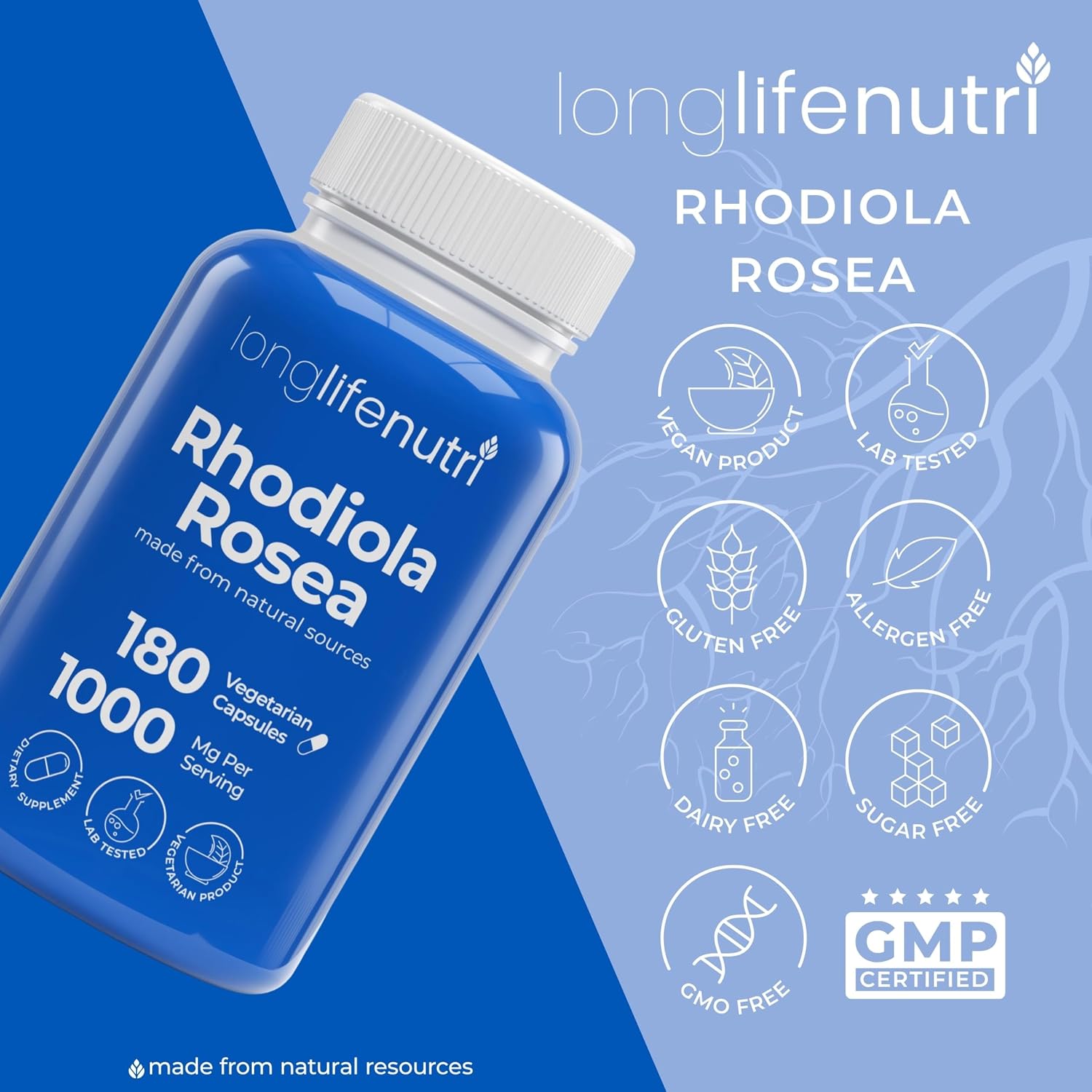 LongLifeNutri Rhodiola Rosea 1000mg, 180 Cápsulas Vegetarianas – Adaptógeno Natural, No Transgénico