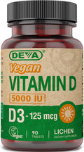 DEVA Vitamina D3 5000 UI - Suplemento Vegano a partir de Liquen, 90 Comprimidos
