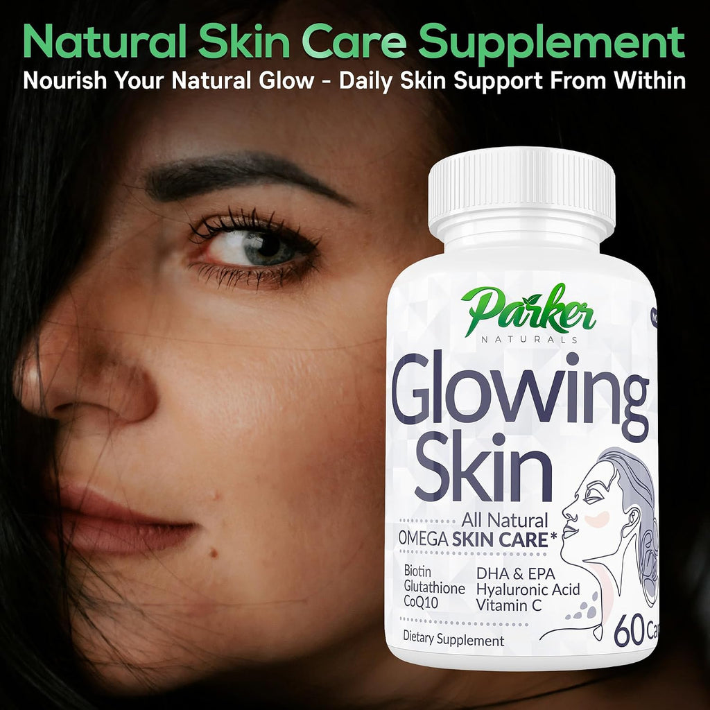 Parker Naturals Glowing Skin Supplement - Biotina, Glutatión, Ácido Hialurónico, Omega 3, CoQ10, Vitamina C, 60 Cápsulas