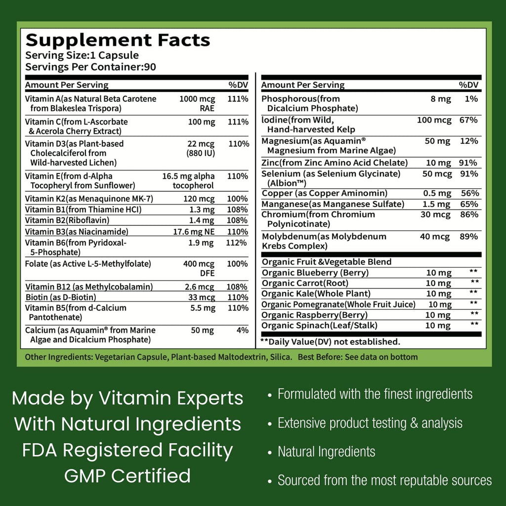 Multivitamínico Diario para Hombres con Vitaminas, Minerales y Alimentos Integrales Orgánicos - 90 Cápsulas