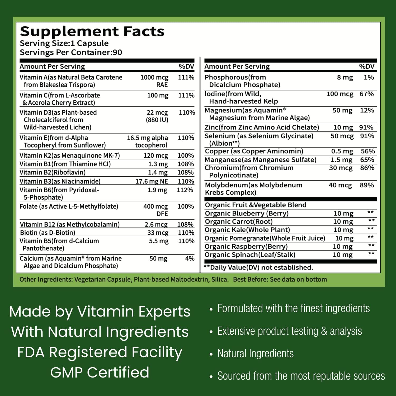 Multivitamínico Diario para Hombres con Vitaminas, Minerales y Alimentos Integrales Orgánicos - 90 Cápsulas