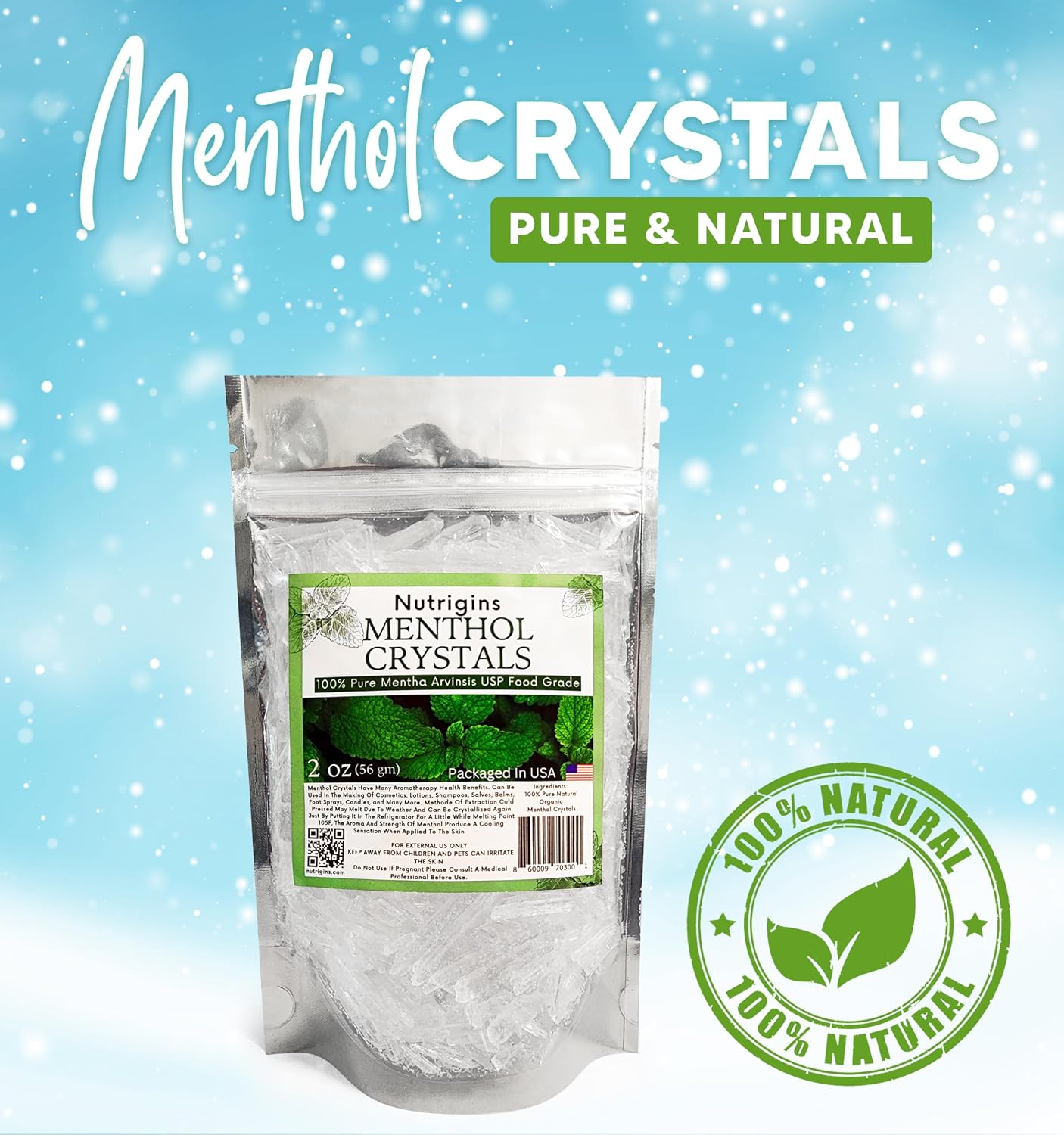 Cristales de Mentol Puro Orgánico 100% Natural - 56g (2 oz) - Nutrigins