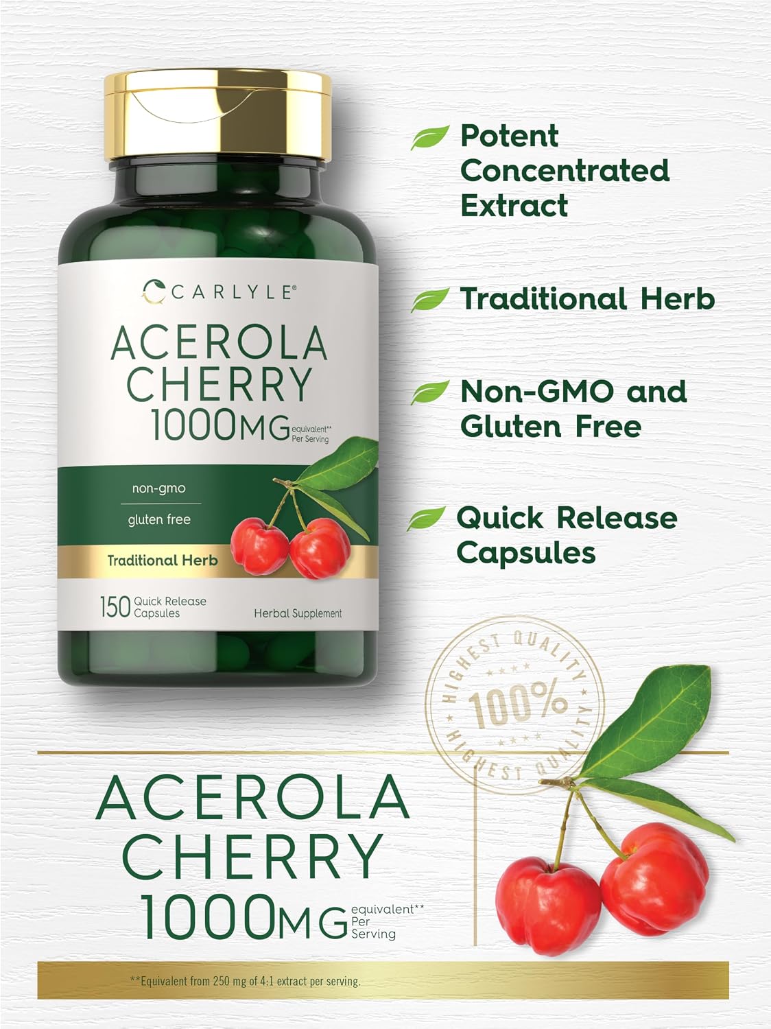 Carlyle Acerola Cherry Cápsulas | 150 Comprimidos | Extracto No GMO y Sin Gluten