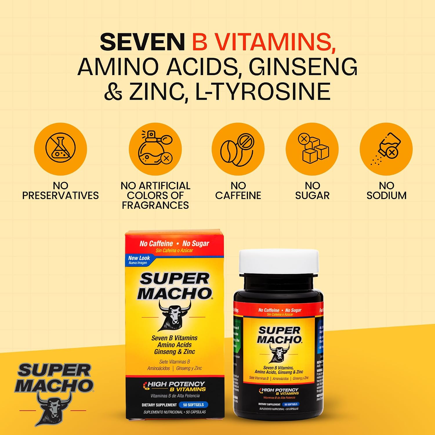 Super Macho, Complejo Vitamínico B y Aminoácidos de Alta Potencia para Hombres Activos, Sin Cafeína ni Azúcar, 50 Cápsulas Blandas
