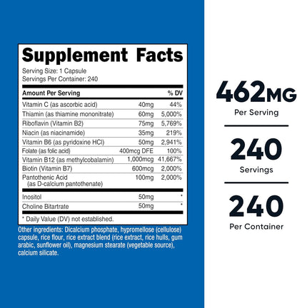 Nutricost Complejo Vitamínico B 462mg, 240 – Vitamina B2 (riboflavina): participa en la producción de energía y el – Image 2