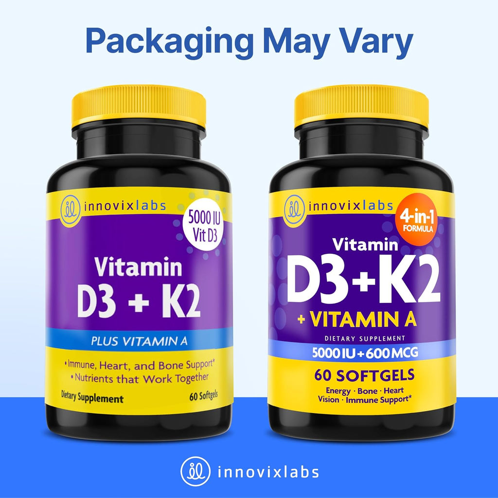 InnovixLabs Vitamina D3 K2 - 5000 UI + 600 mcg K2 MK4 y MK7, 60 Cápsulas Blandas