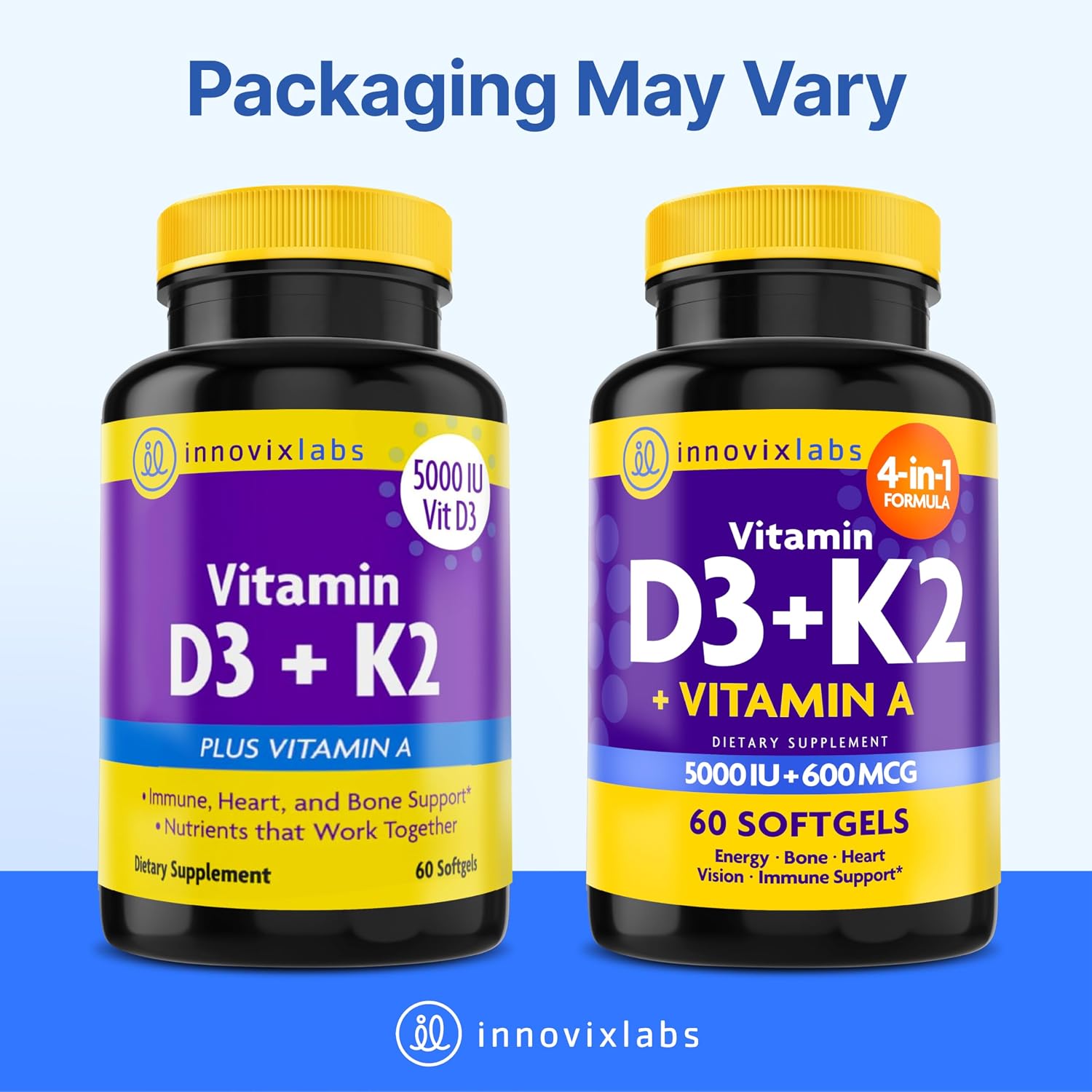 InnovixLabs Vitamina D3 K2 - 5000 UI + 600 mcg K2 MK4 y MK7, 60 Cápsulas Blandas