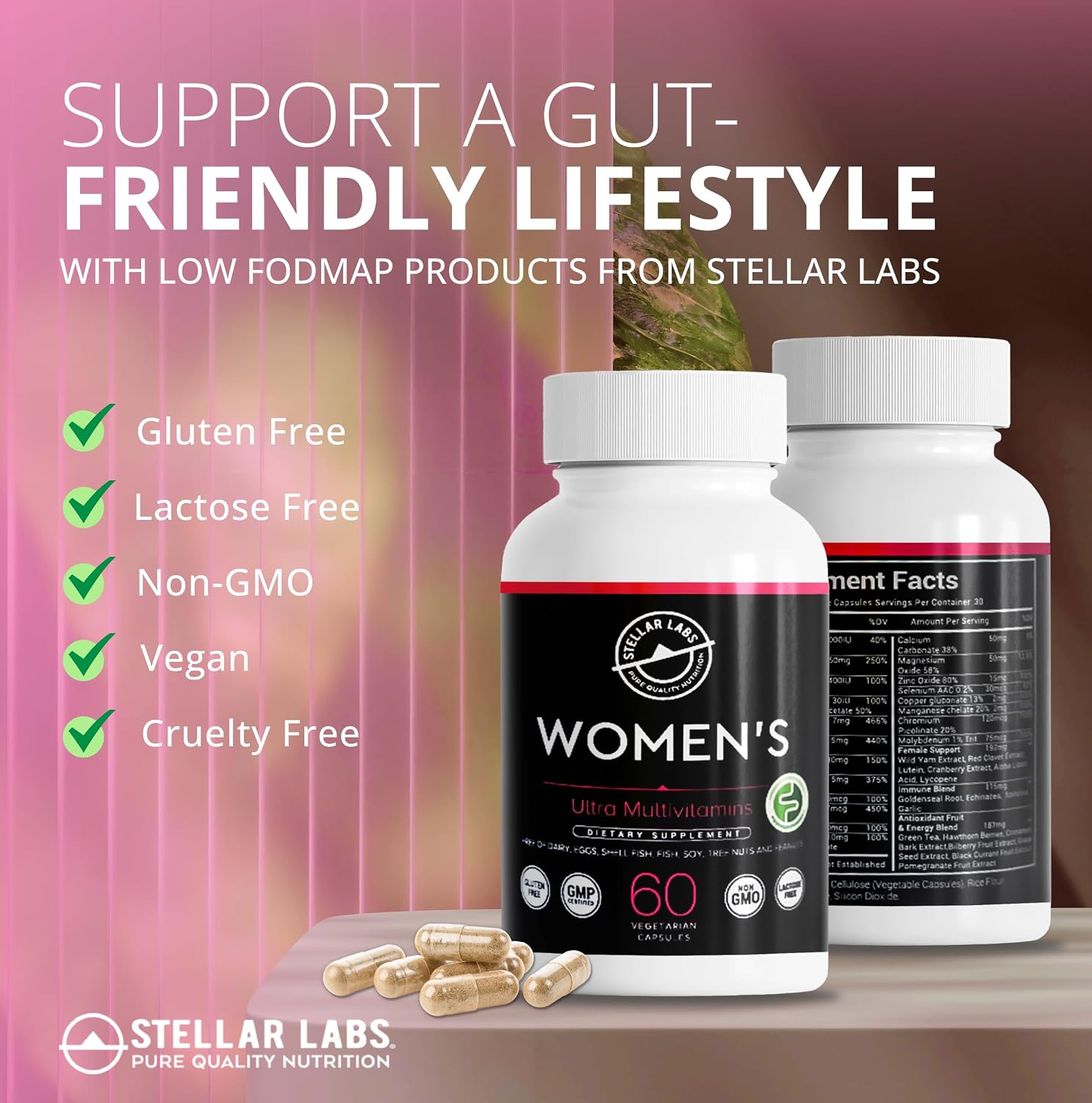 Stellar Labs Low FODMAP Multivitamínico Vegano para Mujeres - Sin Hierro - 60 Cápsulas Vegetales