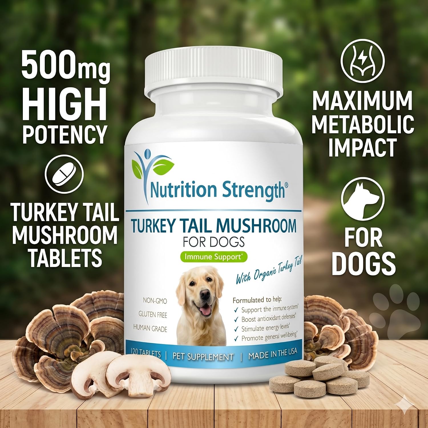 Nutrition Strength Cola de Pavo Orgánica para Perros - 500mg de Alta Potencia - Apoyo Inmunológico - Salud Celular - 120 Comprimidos Masticables