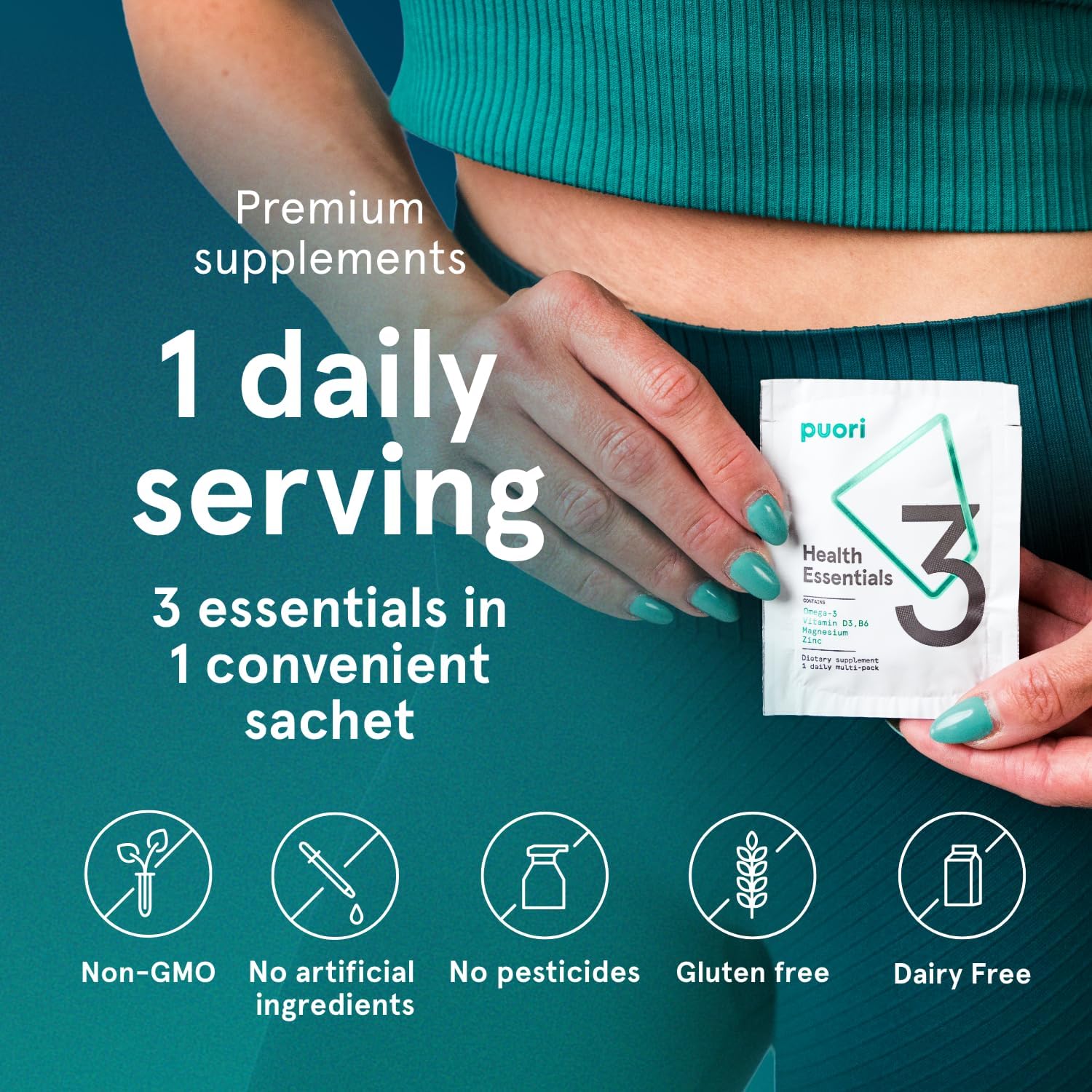 Puori P3 Health Essentials: Complejo de Magnesio, Zinc, Omega 3 y Vitamina D3 - Multivitamínico Diario para Hombres y Mujeres - 30 Sobres