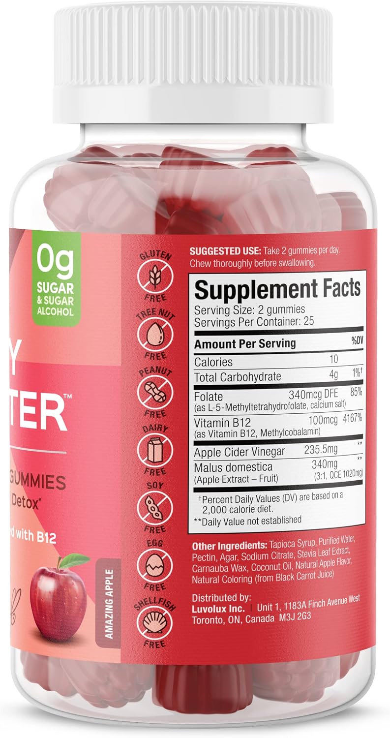 SUKU Appley Ever After Gummies – Vinagre de Manzana con B12 y Folato Metilados – Sin Azúcar, Vegano – 50 Gominolas