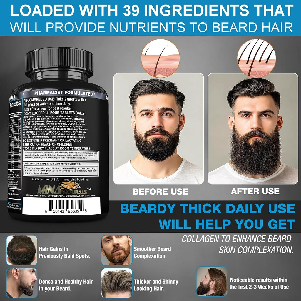 BEARDY Suplemento para Barba con Biotina 10000 mcg, Keratina, Colágeno, Silicio - 60 Comprimidos