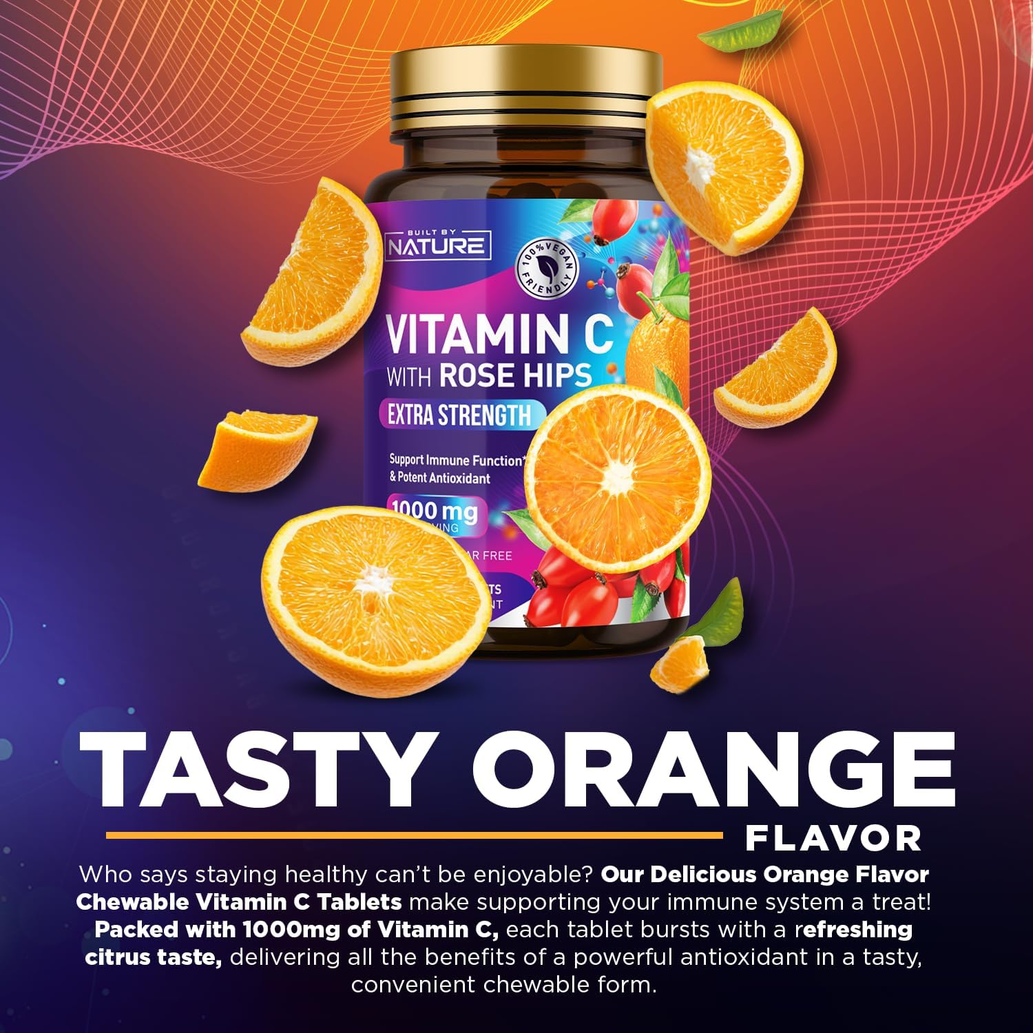 Built by Nature Vitamina C Masticable con Escaramujo - 1000 mg - Sabor Naranja - 60 Comprimidos