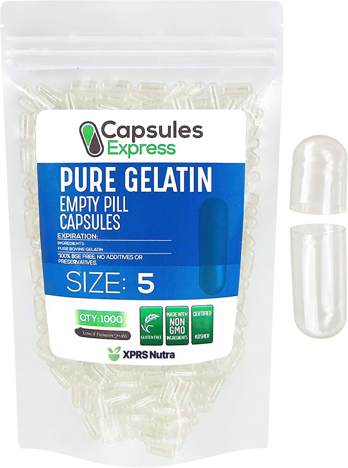 XPRS Nutra Cápsulas Vacías Tamaño 5 - 5000 uds - Cápsulas de Gelatina Transparentes para Rellenar