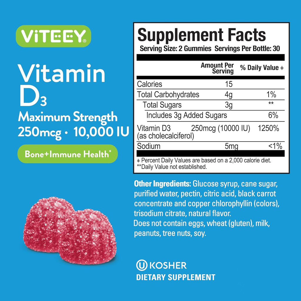 Viteey Vitamin D3 Gummies - 10.000 UI (250 mcg) - 120 Gominolas para Adultos y Jóvenes
