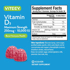 Viteey Vitamin D3 Gominolas para Adultos y Adolescentes - 10.000 IU, 250mcg - Máxima Potencia - Salud Ósea, Muscular e Inmune - Vegetariano, Sin Gelatina - 60 Gominolas