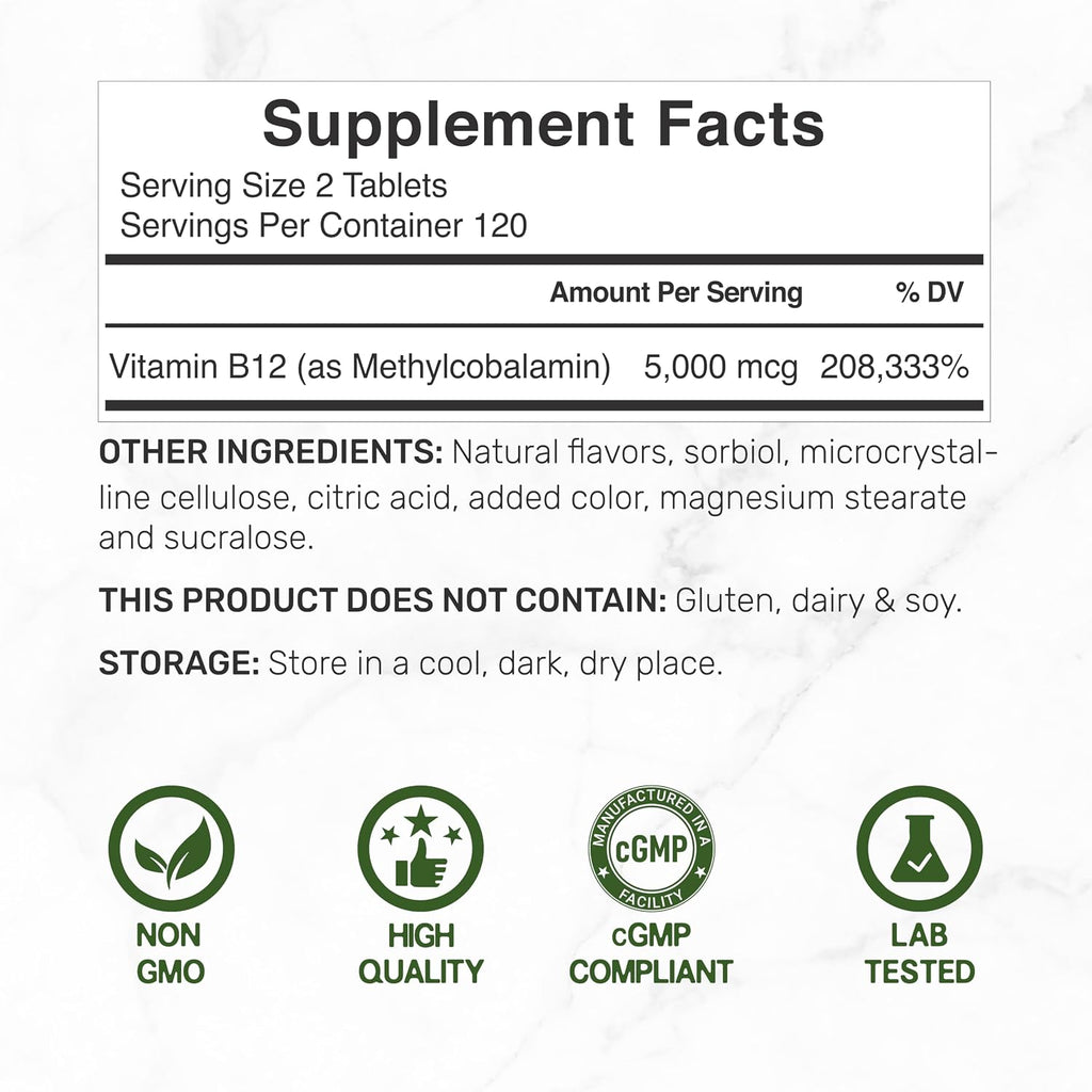 DEAL SUPPLEMENT Methyl B-12 5000 mcg, 240 Comprimidos Masticables | Forma Activa - Sabor Fresa - Energía y Función Cerebral - Vegano y Sin OGM