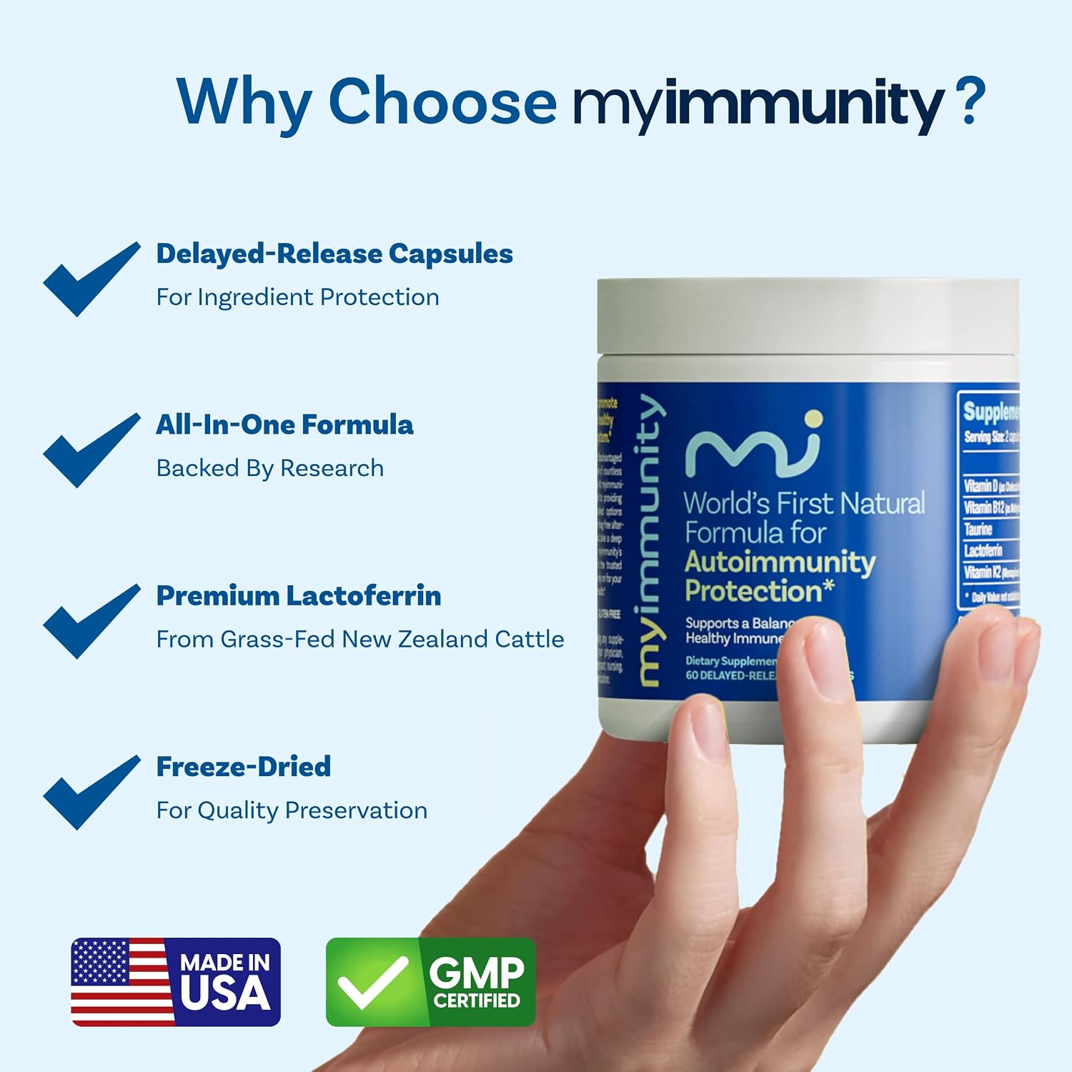 Lactoferrina 300mg con Vitaminas D3, K2, B12 y Taurina – Cápsulas de Liberación Retardada – MyImmunity