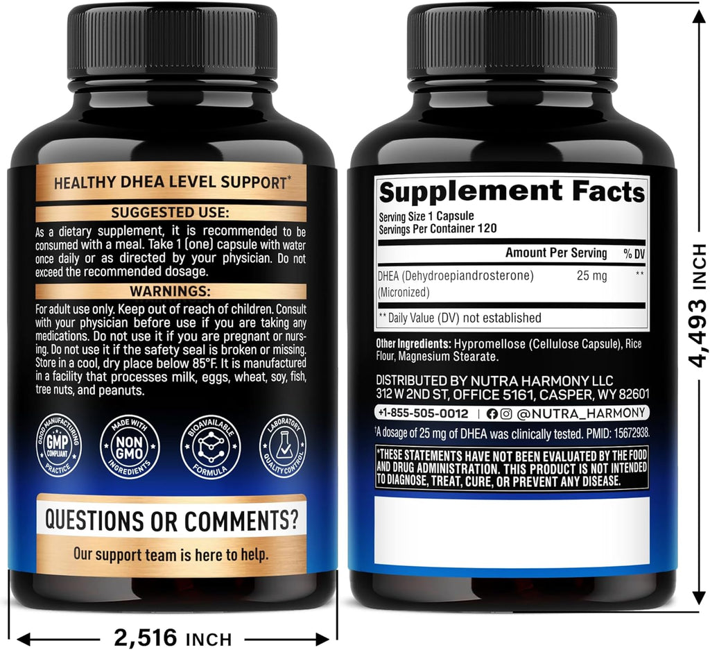 DHEA 25mg Micronizado - Suplemento Hormonal para Mujeres y Hombres - 120 Cápsulas Veganas