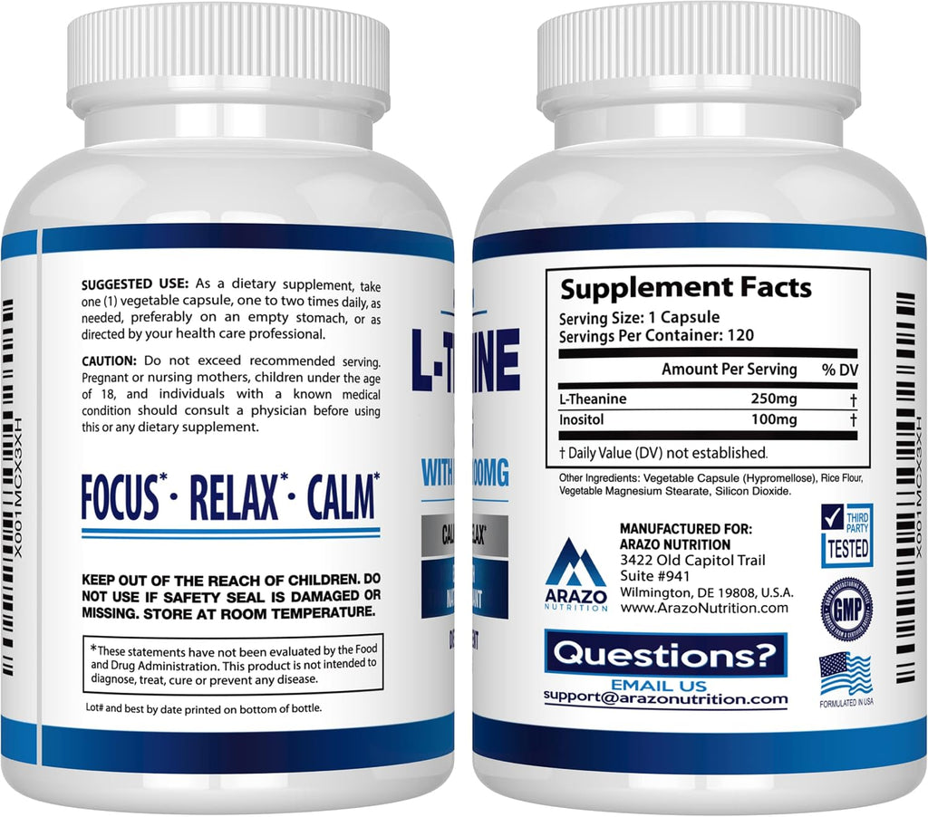 Arazo Nutrition L-Teanina 250mg con Inositol 100mg, 120 Cápsulas Vegetarianas