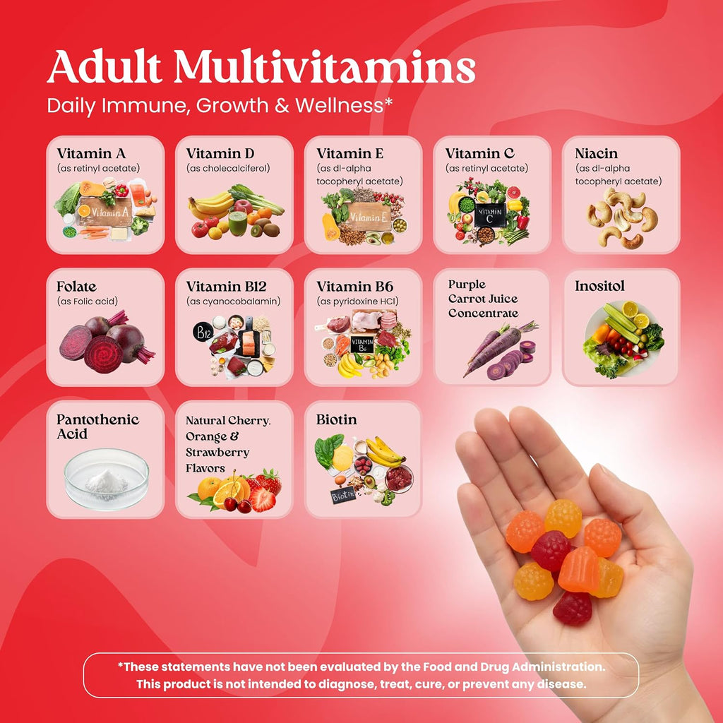 VITA GLOBE Multivitamin Gummies Adultos - 9 Vitaminas Esenciales con C, D, E, B6, B12, Folato y Biotina - Sabor Naranja, Melocotón y Fresa - 120 Gominolas (2 Envases de 60)