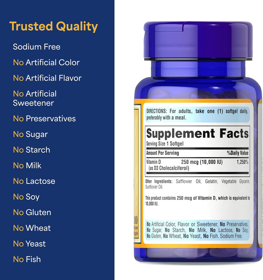 Puritan's Pride Premium Sunvite™ Mega-Potency Vitamin D3 10,000 IU, 100 Rapid Release Softgels (2-Pack)