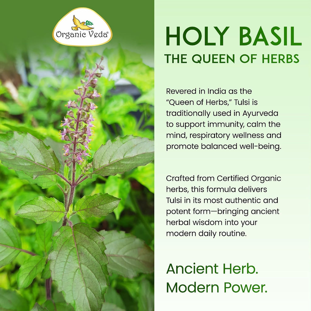 Cápsulas de Albahaca Sagrada (Tulsi) Organic Veda - Complemento Alimenticio con Pimienta Negra - 60 Cápsulas Veganas