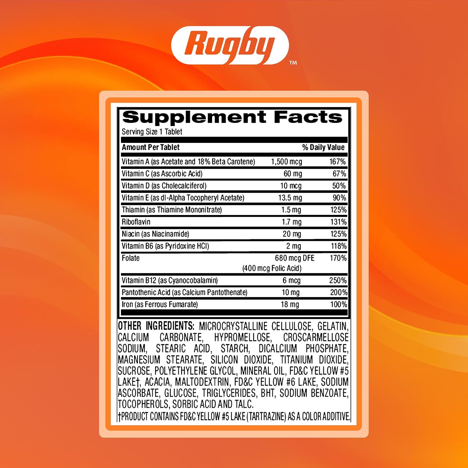 Rugby Tab-A-Vite Multivitamin con Hierro y Betacaroteno - Multivitamínico Diario para Adultos, Apoya la Salud General, Suplemento Multimineral - 100 Comprimidos