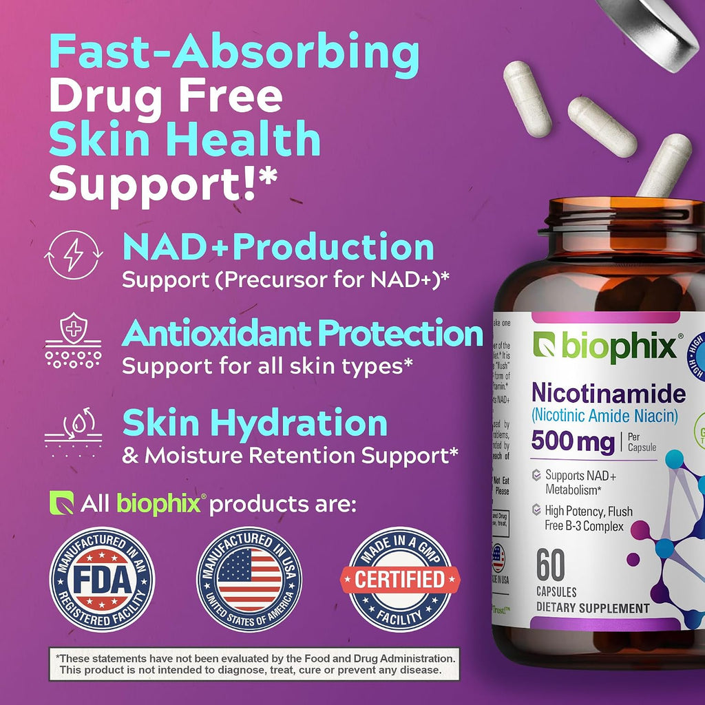 biophix B-3 Nicotinamida 500 mg 60 Cápsulas - Nicotinamida Pura Sin Enrojecimiento - Apoyo a la Salud de la Piel y Energía