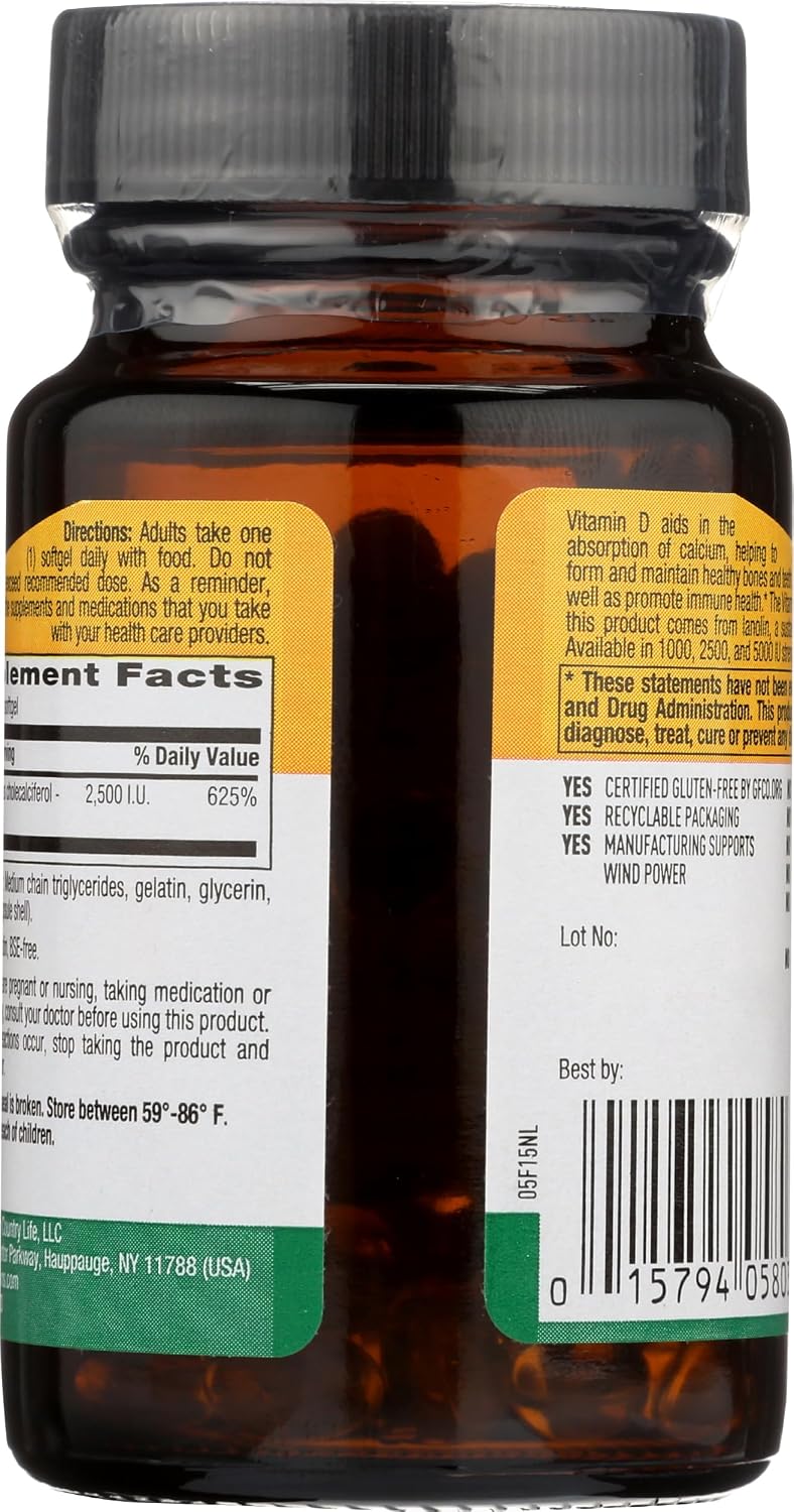 Country Life Vitamina D3 2500 UI – 60 Cápsulas Blandas Sin Gluten
