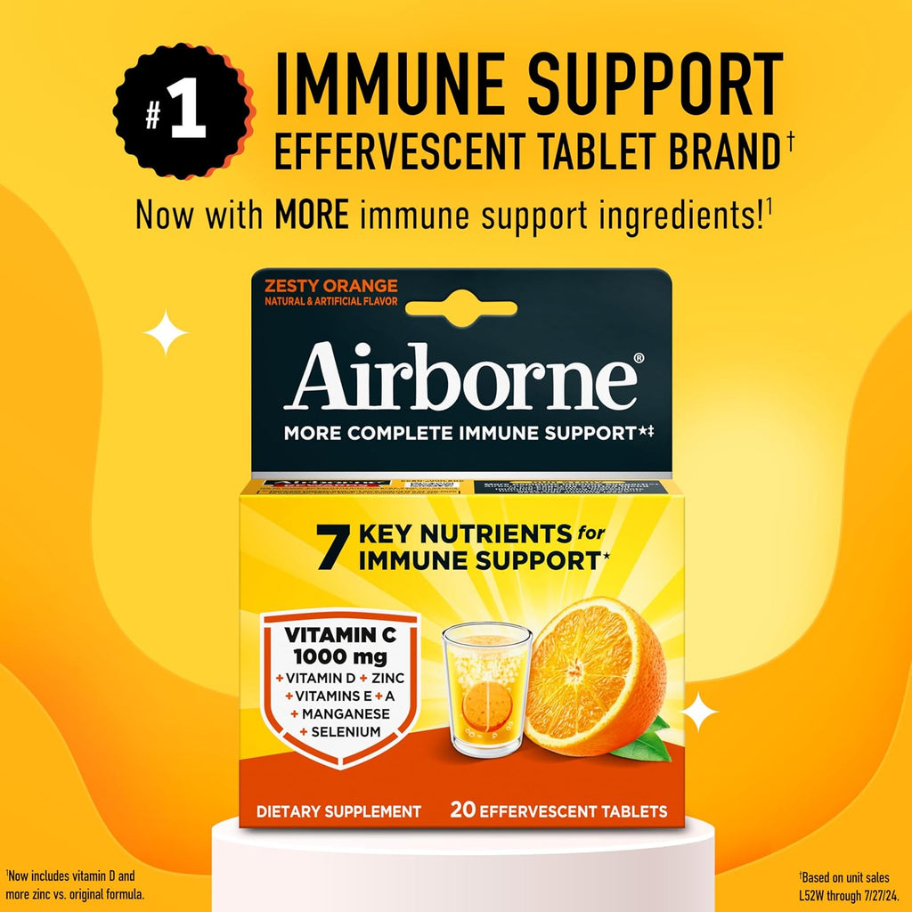 Airborne 1000mg Vitamina C con Zinc - 20 Comprimidos Efervescentes Sabor Naranja
