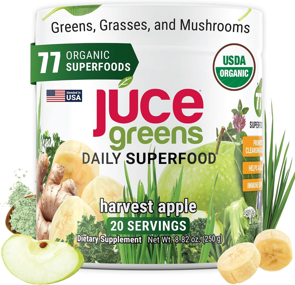 Juce Greens Organic Superfood Powder - 77 Superfoods con Hongos Adaptógenos y Probióticos - Sabor Manzana (20 Servicios)